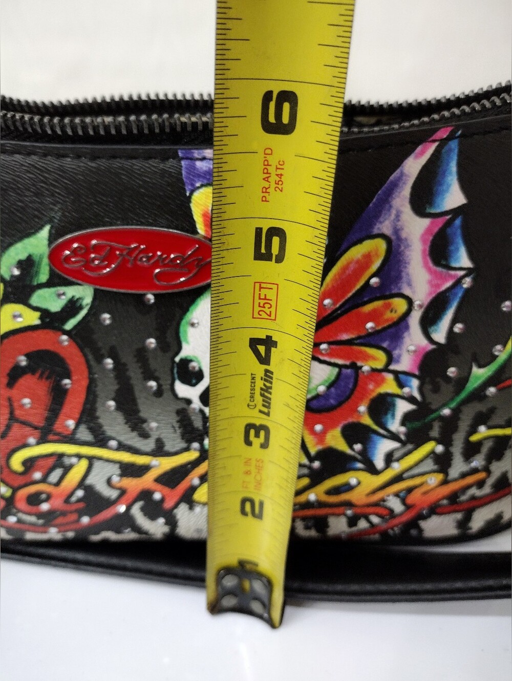 Ed Hardy Black Shoulder Bag with Multicolor Skull & Butterfly Art - Picture 6 of 13